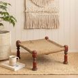 Distressed Stool - Square - Handwoven Rope - Turned Legs - Sand - Wooden