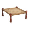 Distressed Stool - Square - Handwoven Rope - Turned Legs - Sand - Wooden