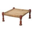 Distressed Stool - Square - Handwoven Rope - Turned Legs - Sand - Wooden