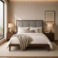 Calla Bed - 4ft 6in Double - Beige and Walnut - Fabric and Dark Wood
