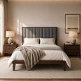 Calla Bed - 4ft 6in Double - Grey and Walnut - Fabric and Dark Wood