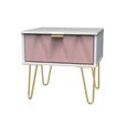Diamond Bedside Table - 1 Drawer - with Gold Hairpin Legs - Pink and White