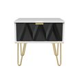 Diamond Bedside Table - 1 Drawer - with Gold Hairpin Legs - Black and White