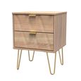 Diamond Bedside Cabinet - 2 Drawer - with Gold Hairpin Legs - Oak