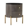 Dervio Bedside Cabinet - 2 Drawer - Round - Grey Fluted with Black Marble Top