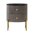 Dervio Bedside Cabinet - 2 Drawer - Round - Grey Fluted with Black Marble Top