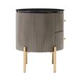 Dervio Bedside Cabinet - 2 Drawer - Round - Grey Fluted with Black Marble Top