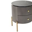 Dervio Bedside Cabinet - 2 Drawer - Round - Grey Fluted with Black Marble Top