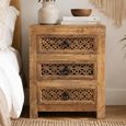 Carved Bedside Cabinet - 3 Drawer - Mango Wood