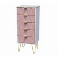 Diamond Narrow Chest - 5 Drawer - with Gold Hairpin Legs - Pink and White