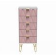 Diamond Narrow Chest - 5 Drawer - with Gold Hairpin Legs - Pink and White