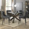 Turin Glass Round Dining Table - 4 Seater - 120cm - Dark Oak Legs - 4 Cezanne Dark Grey Faux Leather Chairs - Black Legs