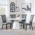 Carrera Dining Set - 4 Seater - 130cm - Round - White Marble - 4x Cadiz Dining Chairs - Grey Leather