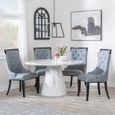 Carrera Dining Set - 4 Seater - 130cm - Round - White Marble - 4x Carmela Dining Chairs - Grey Leather