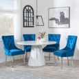 Carrera Dining Set - 4 Seater - 130cm - Round - White Marble - 4x Knocker Back Dining Chairs - Blue Velvet Fabric - Chrome Legs