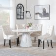 Carrera Dining Set - 4 Seater - 130cm - Round - White Marble - 4x Knocker Back Dining Chairs - Champagne Velvet Fabric - Black Wooden Legs