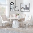 Carrera Dining Set - 4 Seater - 130cm - Round - White Marble - 4x Knocker Back Dining Chairs - Champagne Velvet Fabric - Chrome Legs