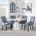 Carrera Dining Set - 4 Seater - 130cm - Round - White Marble - 4x Knocker Back Dining Chairs - Grey Velvet Fabric - Black Wooden Legs