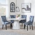 Carrera Dining Set - 4 Seater - 130cm - Round - White Marble - 4x Lion Knocker Back Dining Chairs - Grey Velvet Fabric - Black Wooden Legs