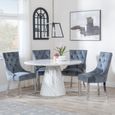 Carrera Dining Set - 4 Seater - 130cm - Round - White Marble - 4x Lion Knocker Back Dining Chairs - Grey Velvet Fabric - Chrome Legs