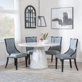 Carrera Dining Set - 4 Seater - 130cm - Round - White Marble - 4x Paris Dining Chairs - Grey Leather - Black Legs