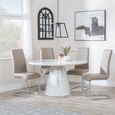 Carrera Dining Set - 4 Seater - 130cm - Round - White Marble - 4x Roma Dining Chairs - Beige Faux Leather
