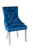 Naples Dining Set - 6 Seater - 160cm - White Marble - Lion Knocker Back Dining Chairs - Blue Velvet Fabric - Chrome Legs