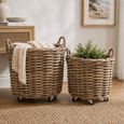 Basket - Set of 2 - Round - on Wheels - Natural - Rattan and Bamboo Wood