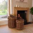 Flowerpot Storage Basket - Set of 2 - Round - On Wheels - Rust Brown and Natural - Wicker and Bamboo Wood