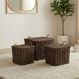 Storage Basket - Set of 3 - with Handles - Rust Brown and Natural - Wicker and Bamboo Wood