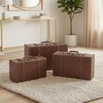 Storage Box - Set of 3 - Brown - Leather and Wood