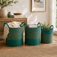 Striped Basket - Set of 3 - Round - Natural and Dark Green - Raffia