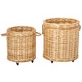 Flowerpot Storage Basket - Set of 2 - Round - On Wheels - Natural - Wicker and Bamboo Wood