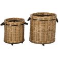 Flowerpot Storage Basket - Set of 2 - Round - On Wheels - Natural and Grey - Wicker and Bamboo Wood