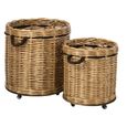 Flowerpot Storage Basket - Set of 2 - Round - On Wheels - Natural and Grey - Wicker and Bamboo Wood