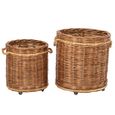 Flowerpot Storage Basket - Set of 2 - Round - On Wheels - Rust Brown and Natural - Wicker and Bamboo Wood
