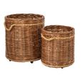 Flowerpot Storage Basket - Set of 2 - Round - On Wheels - Rust Brown and Natural - Wicker and Bamboo Wood