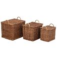 Storage Basket - Set of 3 - with Handles - Rust Brown and Natural - Wicker and Bamboo Wood