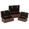 Storage Box - Set of 3 - Brown - Leather and Wood