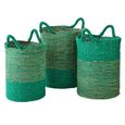 Striped Basket - Set of 3 - Round - Natural and Dark Green - Raffia