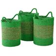 Striped Basket - Set of 3 - Round - Natural and Green - Raffia