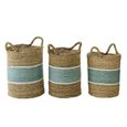 Striped Basket - Set of 3 - Round - Natural and Turquoise Blue - Seagrass