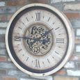 Wall Clock - with Cogs - Round - White Distressed - Wood and Metal - 70cm