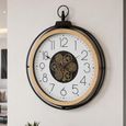 Industrial Wall Round Clock with Cogs Black Wood and Metal thumbnail