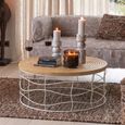 Carving Coffee Table - Round - Natural and White - Pine Wood and Metal