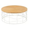 Carving Coffee Table - Round - Natural and White - Pine Wood and Metal
