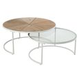 Relax Coffee Table - Round - 2 Tier - Natural and White Metal - Glass and Wood