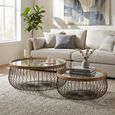 Coffee Table - Round - Set of 2 - Cage Base - Black - Glass and Metal