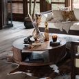 Reyi Fluted Coffe Table - Storage - Round - Large - On Wheels - Dark Brown - Mango Wood