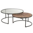 Coffee Table - Round - 2 Tier - Black Metal - Mirrored and Wood